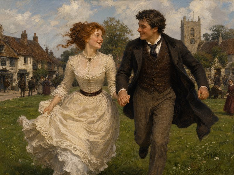 Joyful Victorian couple holding hands while running across a sunlit village green
