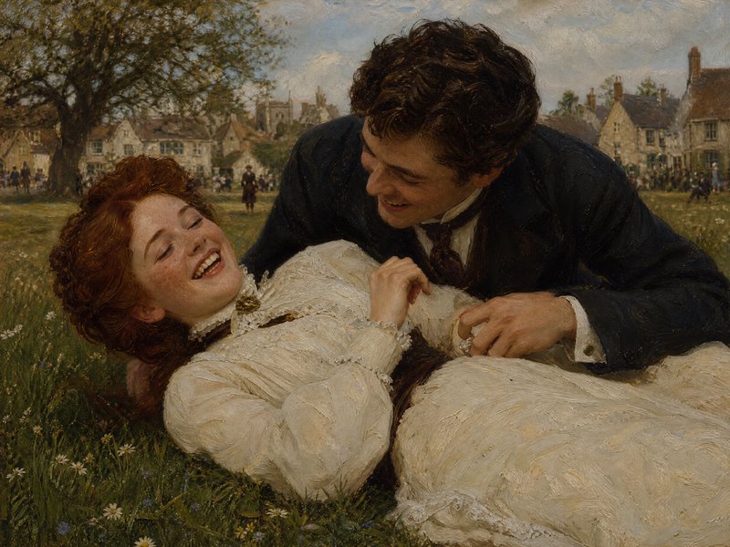 Joyful Edwardian couple sharing a playful laugh while resting on a sunlit village meadow