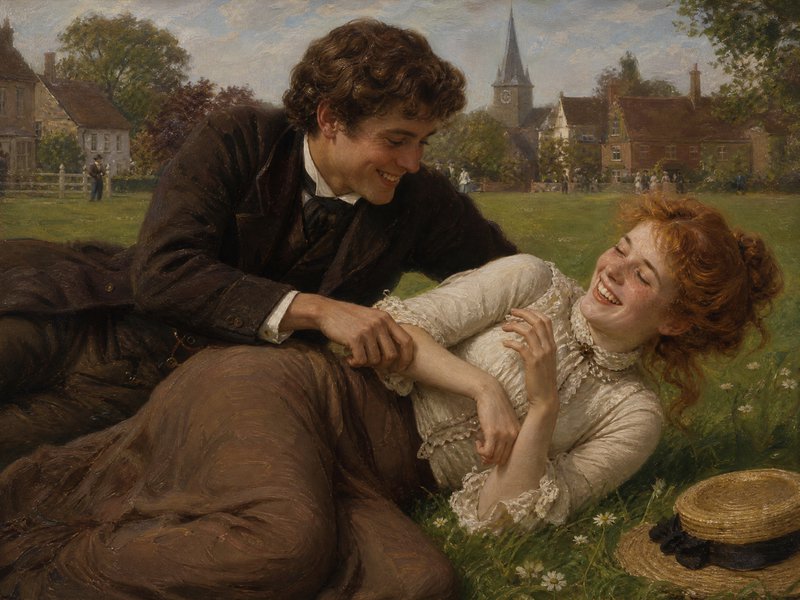 Smiling Victorian couple laughing playfully while reclining on a sunlit village green lawn