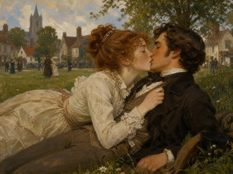 Victorian couple sharing a tender kiss while resting on a sunlit village green