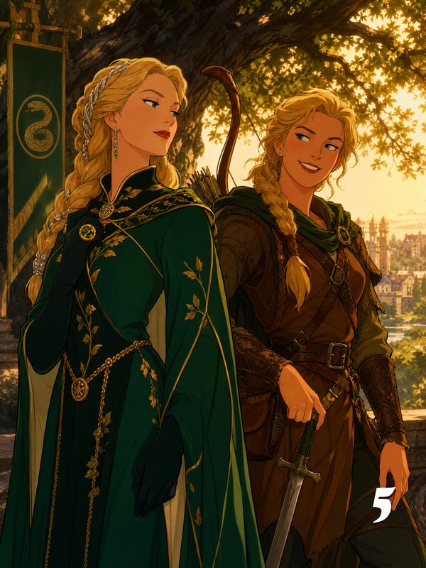 Two blonde fantasy female characters, one noble and one ranger, stand beneath a sunlit tree overlooking a castle
