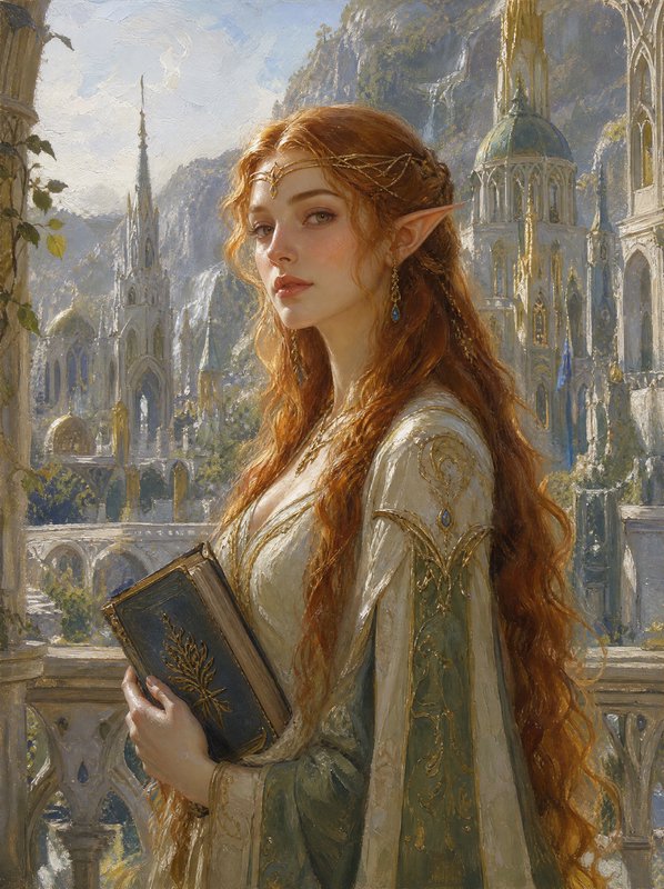 Graceful elven woman with long red hair holds an ancient tome overlooking a sunlit fantasy elven city