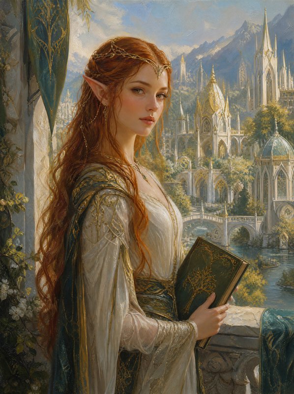 Red-haired elven woman holding an ornate book stands on a balcony overlooking a fantasy elven city