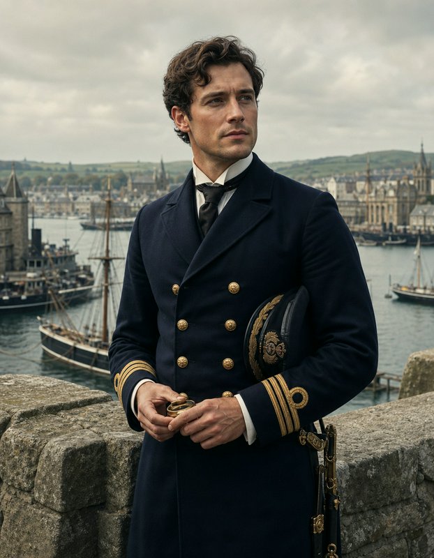 Stoic Victorian naval officer standing on a stone rampart overlooking a historic sailing port
