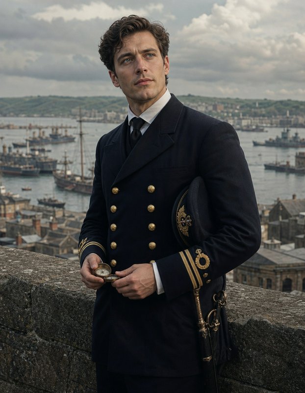 Edwardian naval officer holding a brass compass overlooks a busy historic port