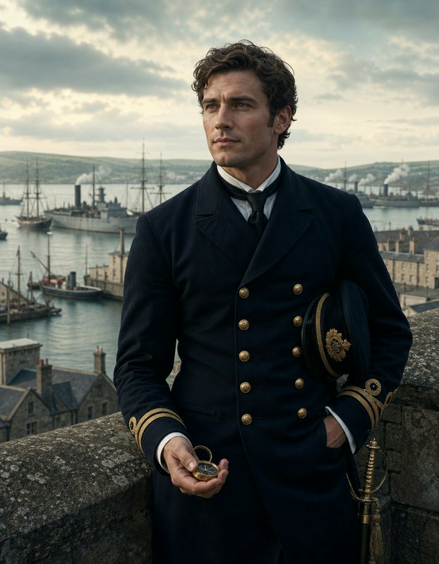 Victorian naval officer holding a brass compass overlooks a historic port filled with moored ships