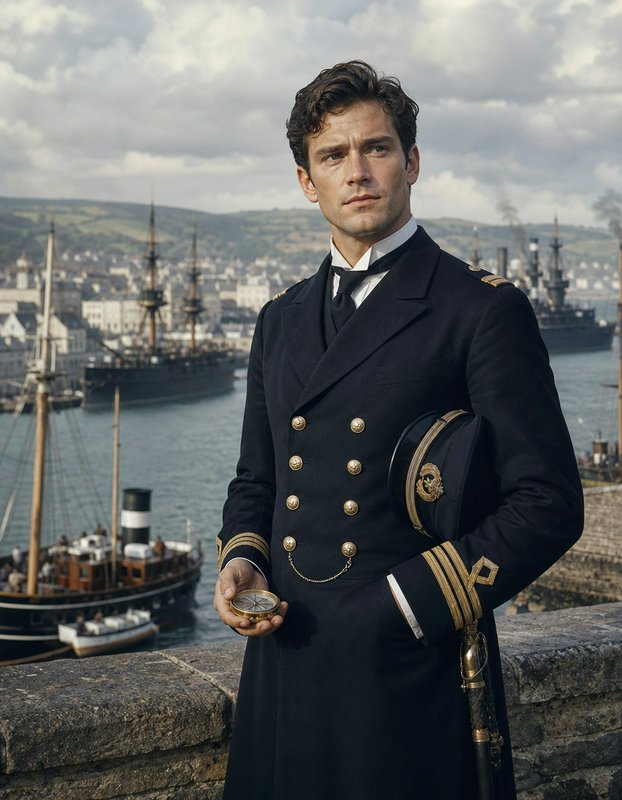 19th century naval officer holding a brass compass stands overlooking a historic Victorian harbor