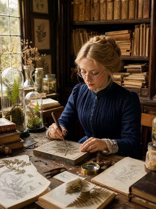 Victorian female botanist engraving botanical illustrations at a cluttered sunlit vintage work desk