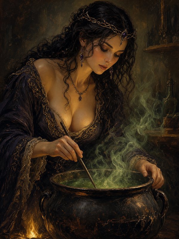 Dark haired witch stirring steaming green potion in an iron cauldron over warm fire
