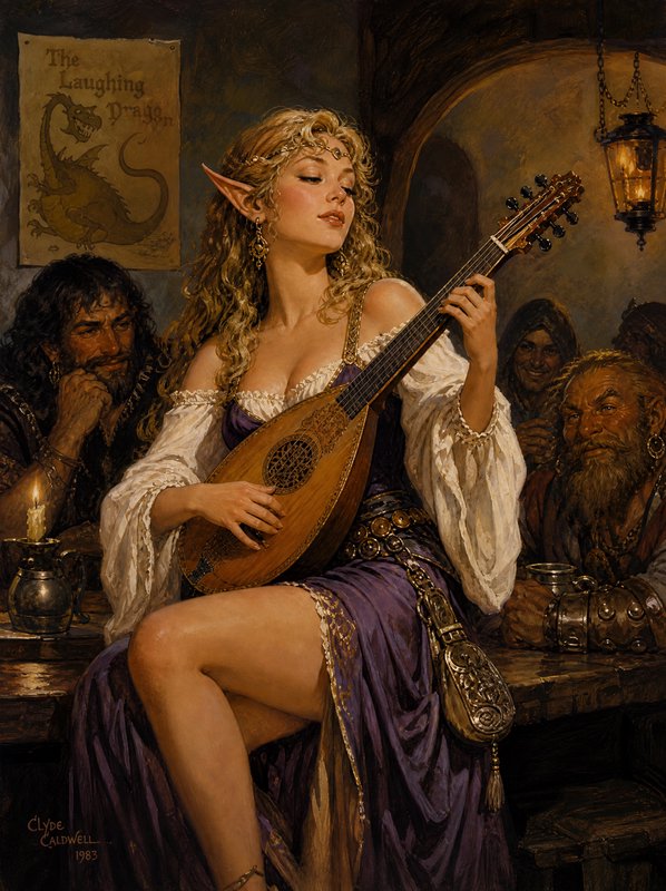 Blonde elven bard plays lute for appreciative patrons inside The Laughing Dragon fantasy tavern