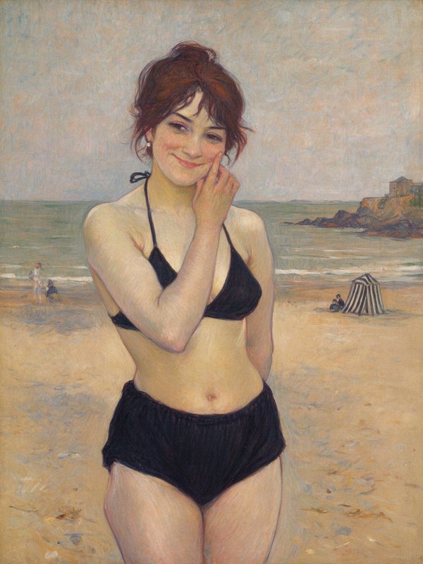 Smiling young woman in vintage black swimwear poses on a sandy ocean beach