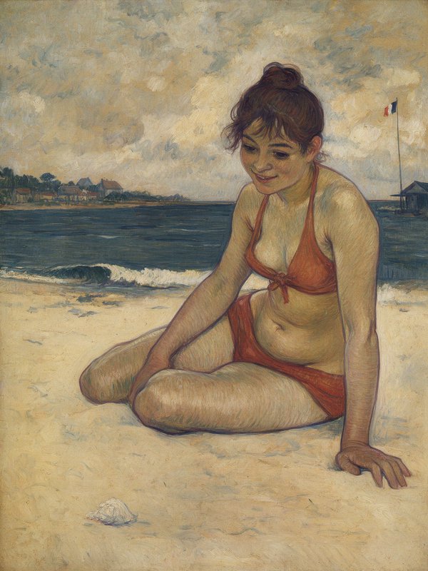 Young woman in a red bikini sits on a sandy beach looking down at a seashell at her feet