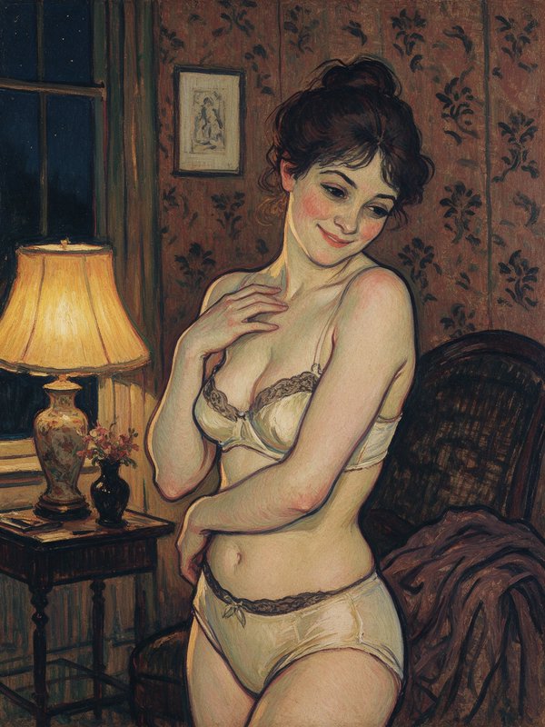 Soft smiling woman in vintage lace lingerie lit by a warm table lamp in a nighttime bedroom