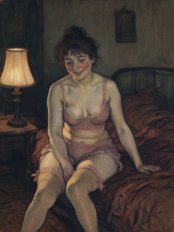 Smiling woman in pink lace lingerie sits on a bed lit by a glowing bedside table lamp