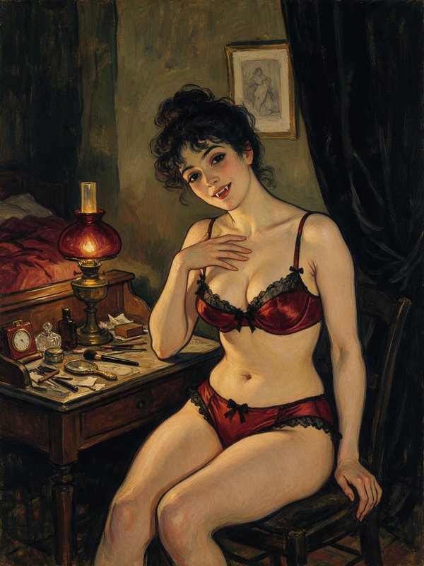 Smiling vampire woman in red satin lingerie sits at a dim vintage bedroom vanity