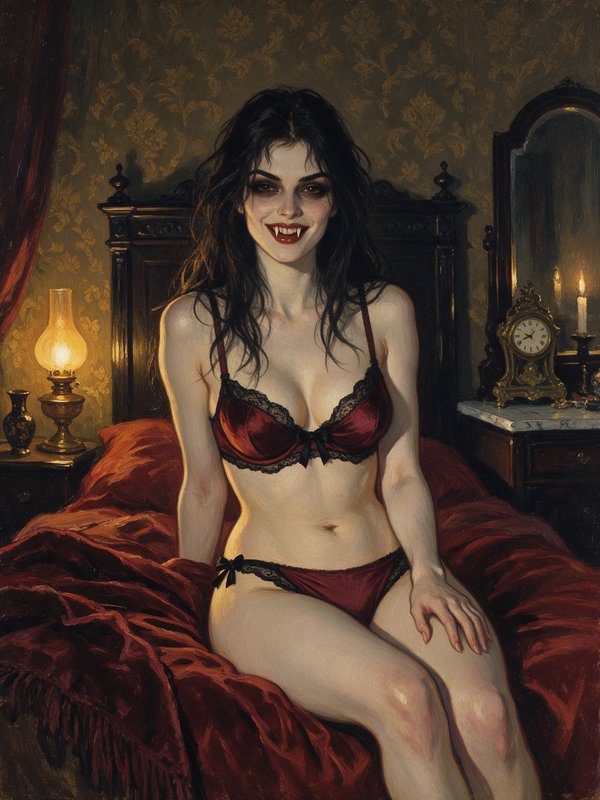 Grinning female vampire showing sharp fangs sits on a red velvet bed in a dim Victorian bedroom