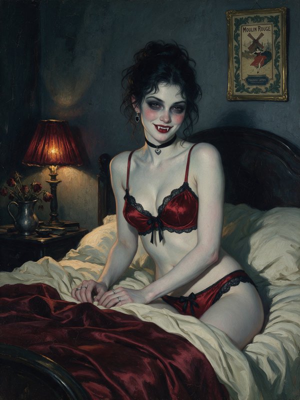 Smiling female vampire with fangs in red satin lingerie sits on a dim lamplit vintage bed