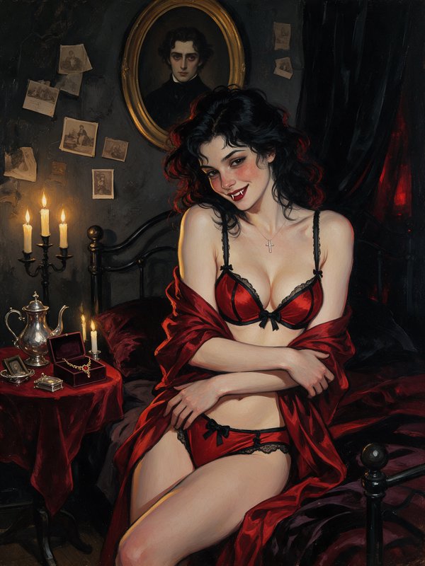 Playful smiling vampire woman in red lingerie sits on a Victorian bed lit by candlelight