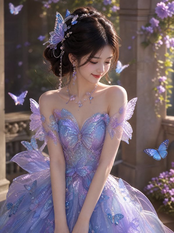 Young woman in an iridescent butterfly gown surrounded by glowing blue and purple butterflies on a sunlit stone balcony