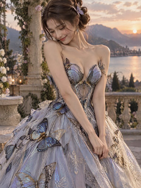 Young woman in an ornate butterfly ball gown stands on a lakeside terrace at golden sunset