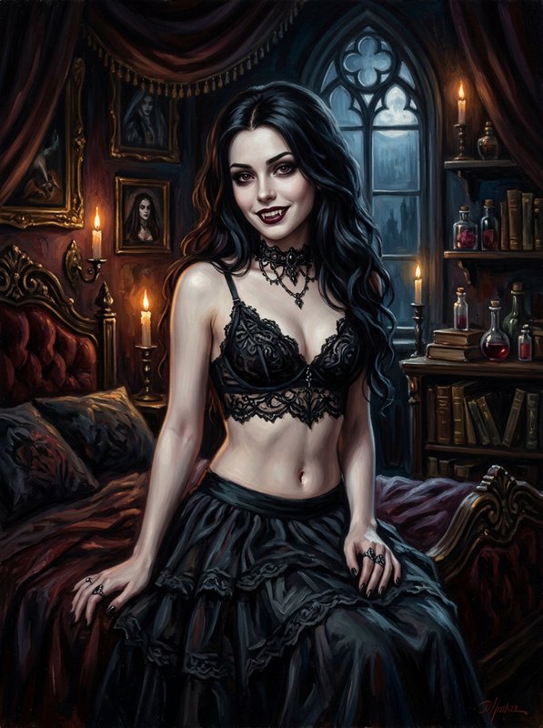 Smiling gothic vampire woman sitting on an ornate bed in a candlelit moonlit bedroom