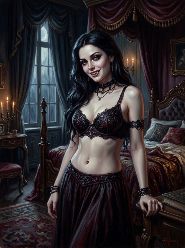 Smiling female vampire with visible fangs stands in a richly furnished moonlit Victorian bedroom