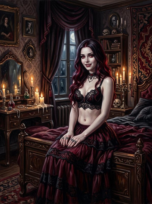 Pale red-eyed vampire woman sitting on an ornate bed in a candlelit gothic bedroom