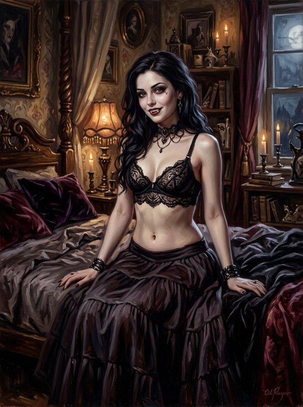Gothic vampire woman with fangs sits on an ornate antique bed in a candle lit Victorian bedroom