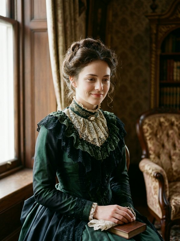 Victorian woman in a green lace gown sits by a sunlit window with an antique book on her lap