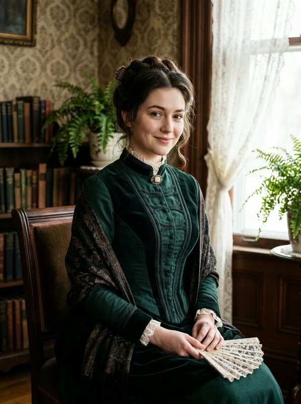 Victorian woman in a dark green velvet gown sits smiling holding a lace fan in a vintage 19th century parlor