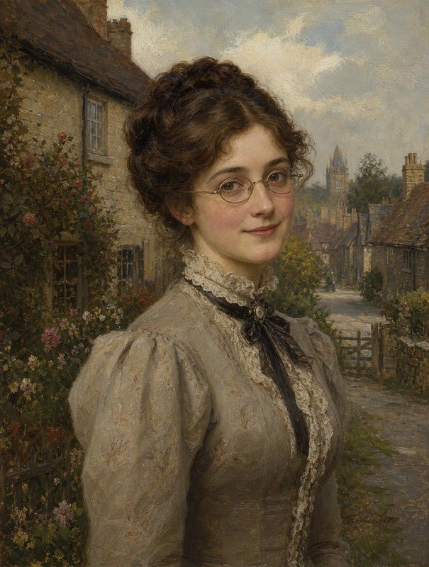 Young Victorian woman with round wire glasses standing beside a stone cottage in a rural English village