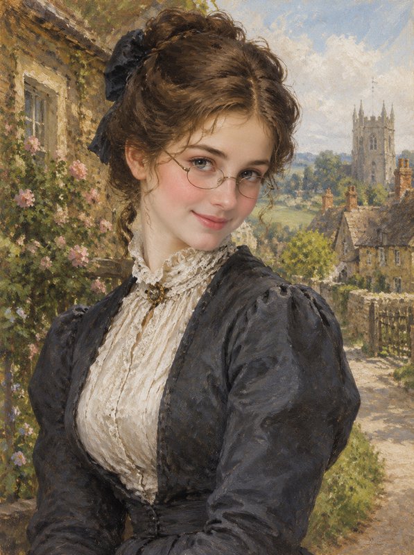 Young Victorian woman with wire-rimmed glasses smiles beside a sunlit stone cottage and English village landscape
