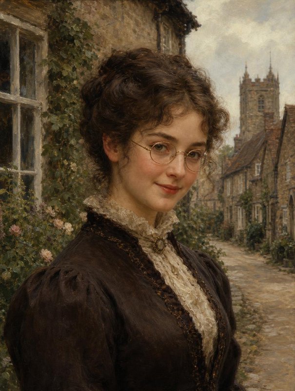 Young Victorian woman with round wire glasses smiles beside a quiet cobblestone English village lane