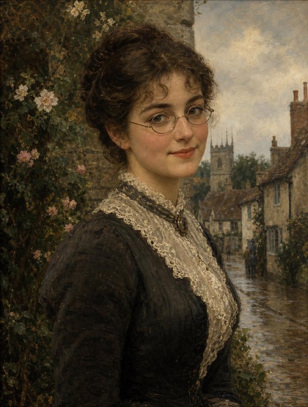 Softly smiling Victorian woman with wire-rimmed glasses posed beside a rainy English village street