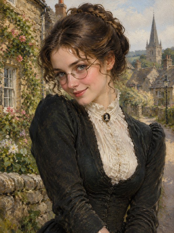 Young Victorian woman with wire-rimmed glasses smiles standing in a sunlit English village lane