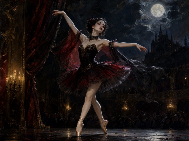 Gothic vampire ballerina dancing en pointe on a candlelit moonlit theater stage
