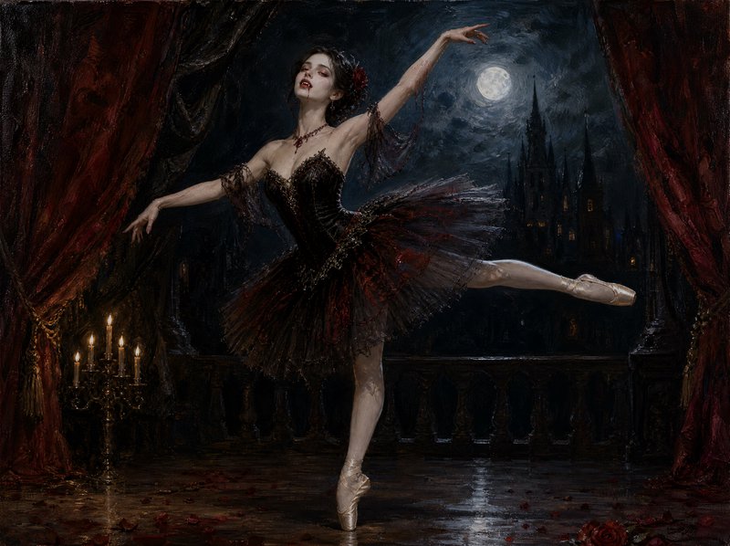 Vampire ballerina dancing en pointe on a moonlit gothic castle balcony