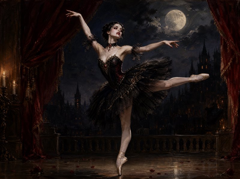 Vampire ballerina en pointe in an ornate black tutu dances on a moonlit gothic castle balcony