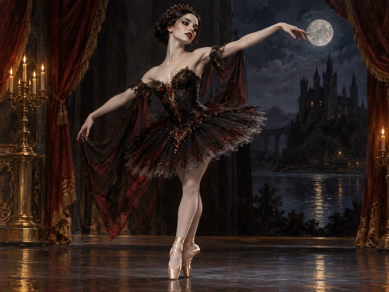 Gothic ballerina in an ornate black and red tutu poses en pointe on a candlelit stage