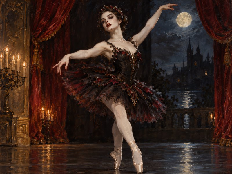 Vampire ballerina dancing en pointe on a candlelit stage overlooking a moonlit gothic castle