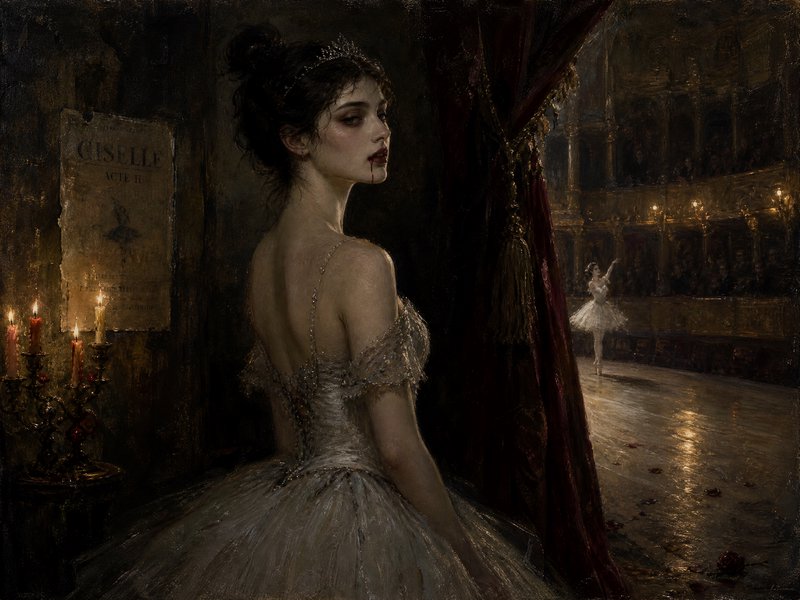 Vampire ballerina waits backstage as blood drips from her lip during a Giselle ballet performance