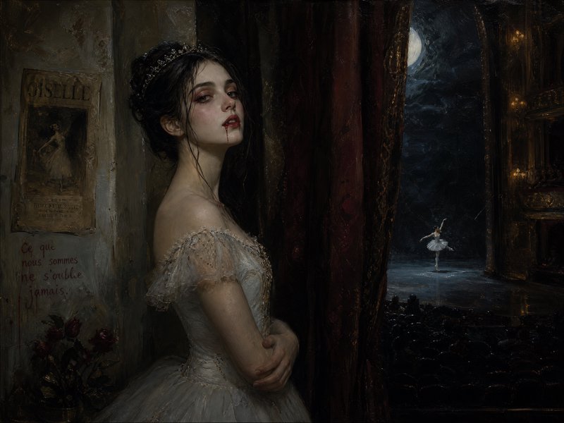 Vampire ballerina stands backstage while another dancer performs on a moonlit theatre stage