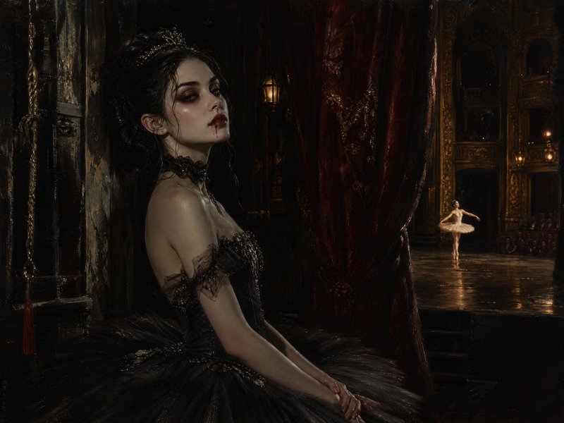 Vampire ballerina in a black tutu rests backstage as a ballet dancer performs on an opera house stage