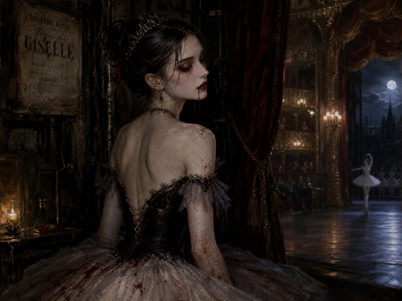Blood-stained vampire ballerina rests backstage at an ornate gothic theatre during a Giselle ballet performance