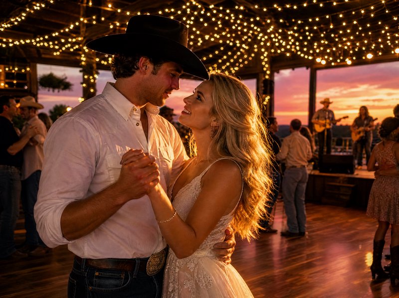 Cowboy groom and bride slow dance at a rustic wedding pavilion during golden sunset
