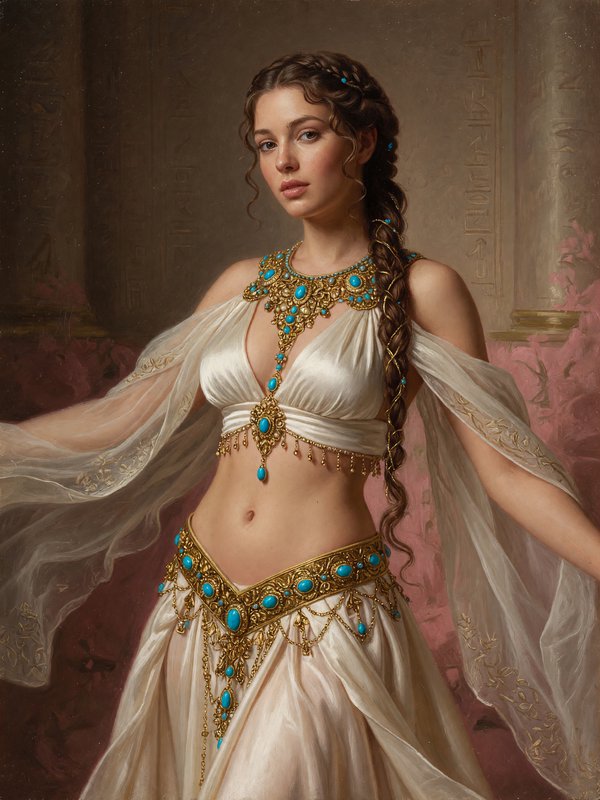 Regal ancient noble woman in ornate gold turquoise jewelry standing in a carved temple chamber