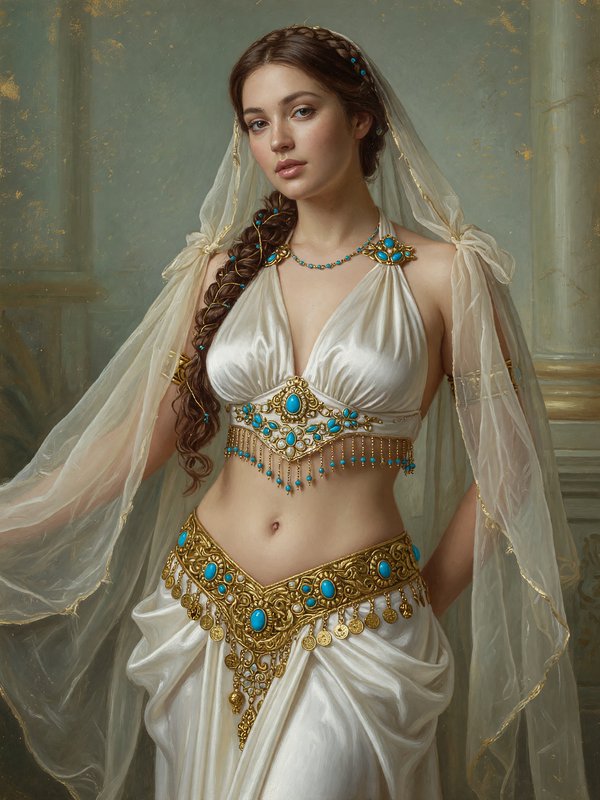 Portrait of a grecian goddess figure in white silk attire with ornate gold and turquoise jewelry