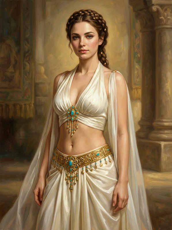 Regal ancient Greek woman in a flowing white gown with gold turquoise jewelry in a sunlit temple portrait