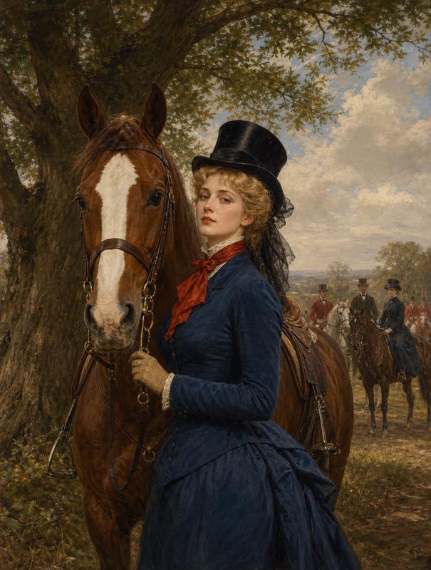 Elegant Victorian woman in riding attire holding reins of her chestnut horse beside an old oak tree