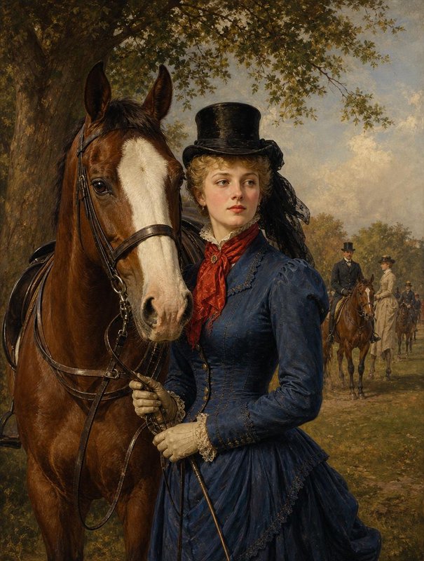 Elegant Victorian woman in riding attire standing beside her chestnut horse in a sunlit park